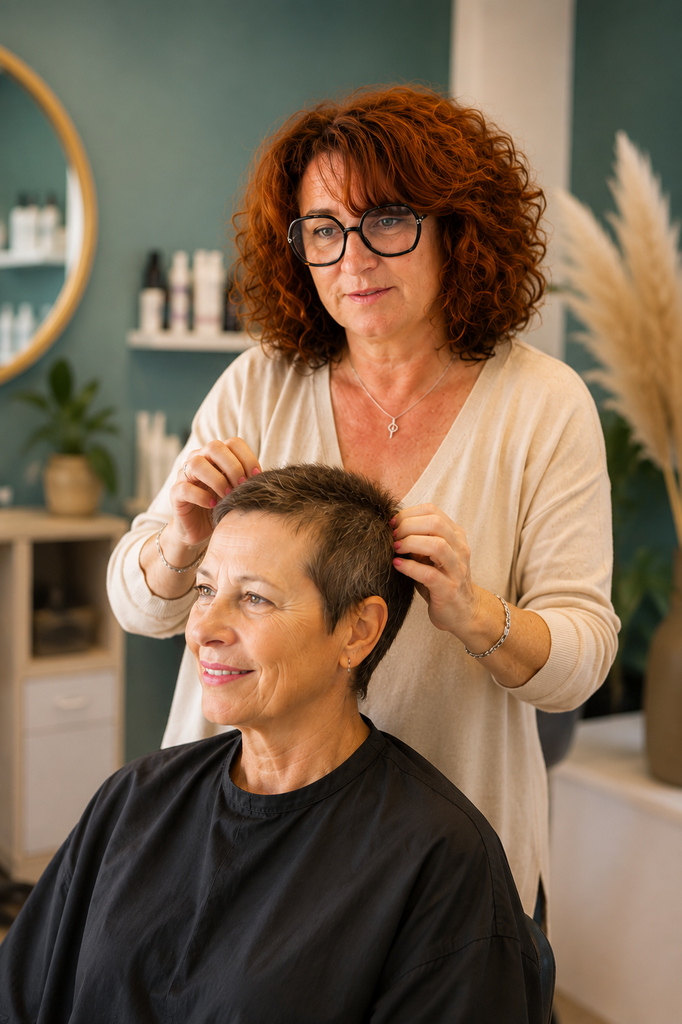 « Socio-coiffeuse accompagnant une cliente lors d’un rendez-vous personnalisé ».
