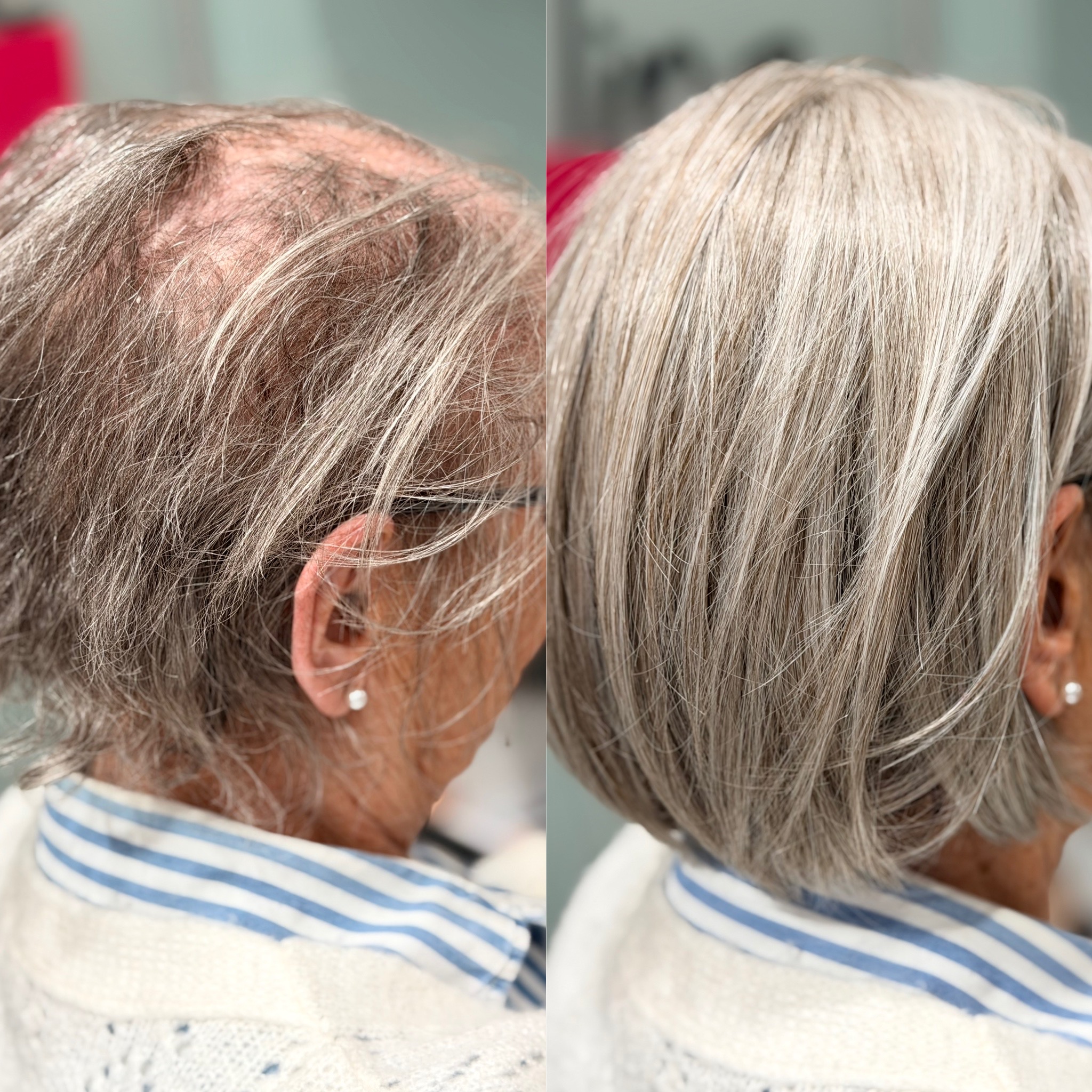 Avant après volumateur capillaire femme cheveux blancs réalisé au salon Ondu’line dans l’Yonne
